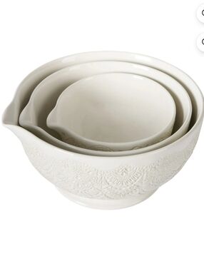 New Pioneer Woman Vintage Lace Linen Embossed Ceramic Mixing Bowls - 3 Piece Set